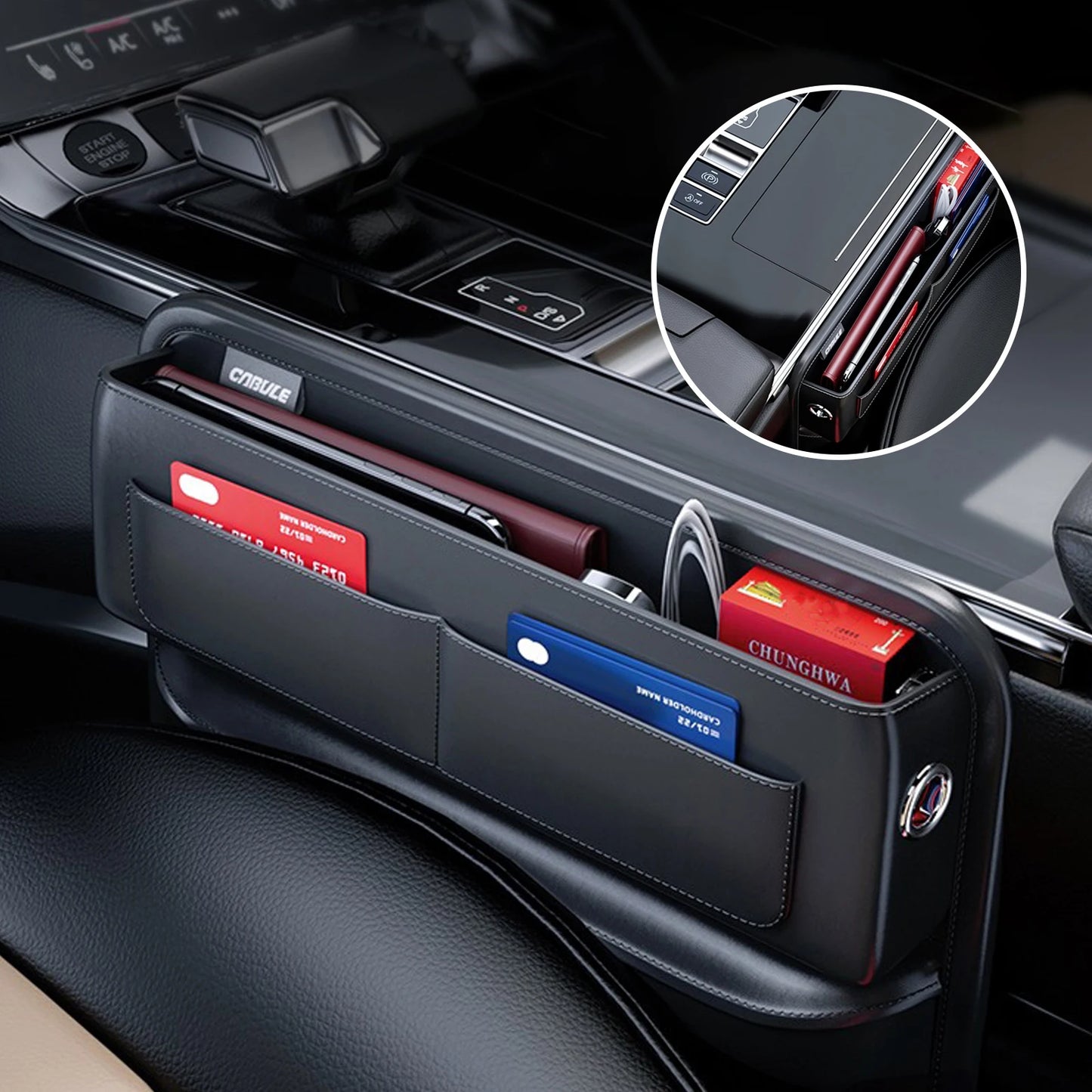 PU Leather Car Auto Console Side Car Seat Crevice Storage Box Slit Gap Filler with Bottle Holder