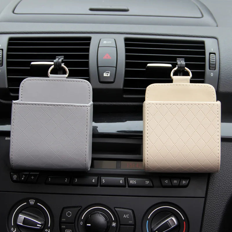 1pc Car Storage Bag Air Vent Dashboard Tidy Hanging Leather Organizer Box Glasses Phone Holder Storage Organizer Car Accessories