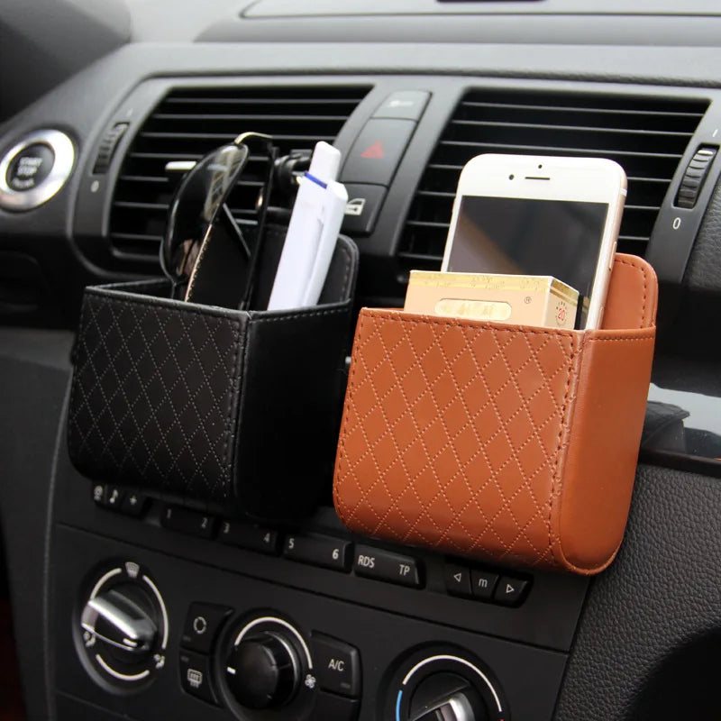 1pc Car Storage Bag Air Vent Dashboard Tidy Hanging Leather Organizer Box Glasses Phone Holder Storage Organizer Car Accessories